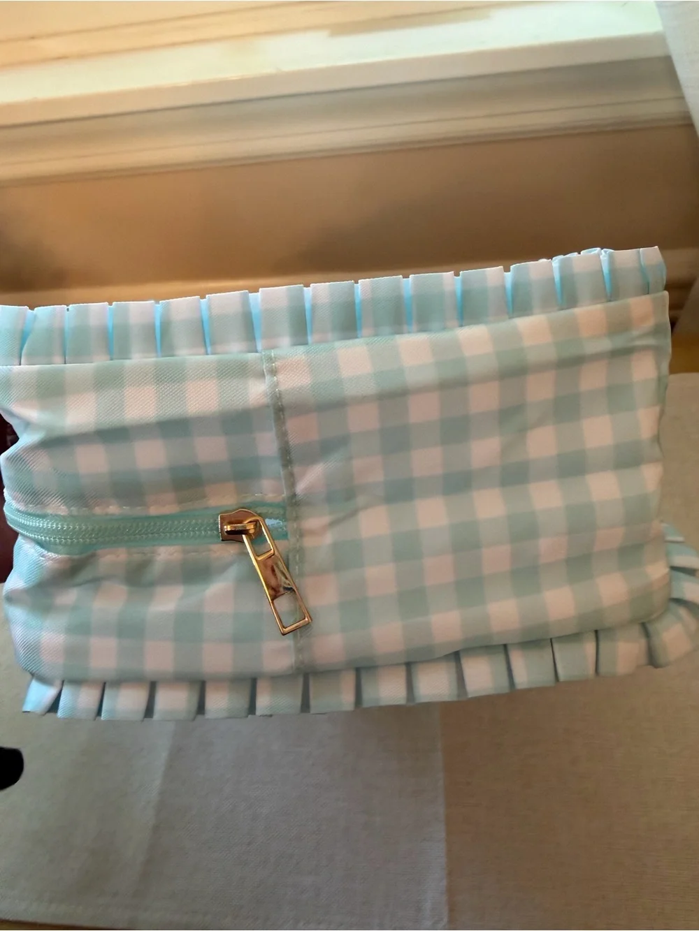 NWOT Blue Gingham Ruffle Cosmetic Makeup Bag Travel Toiletry Pouch